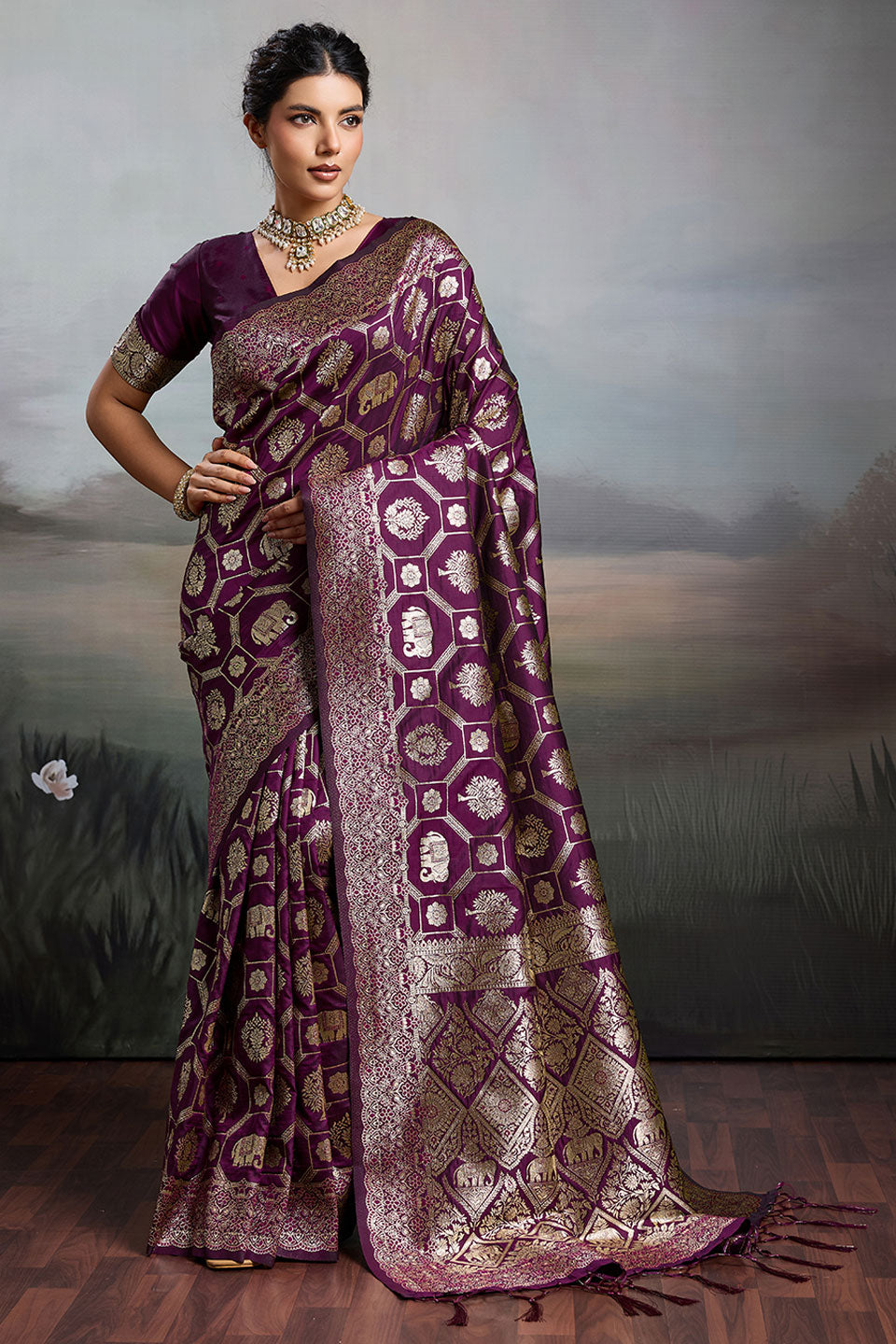 Attractive Banarasi Silk Blend Saree In Wine Color | Buy Online India