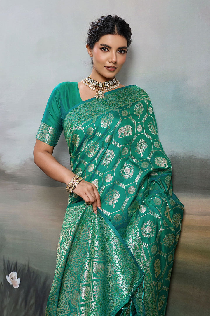 Sea Green Color Banarasi Silk Blend Saree For Festival | Buy Online India