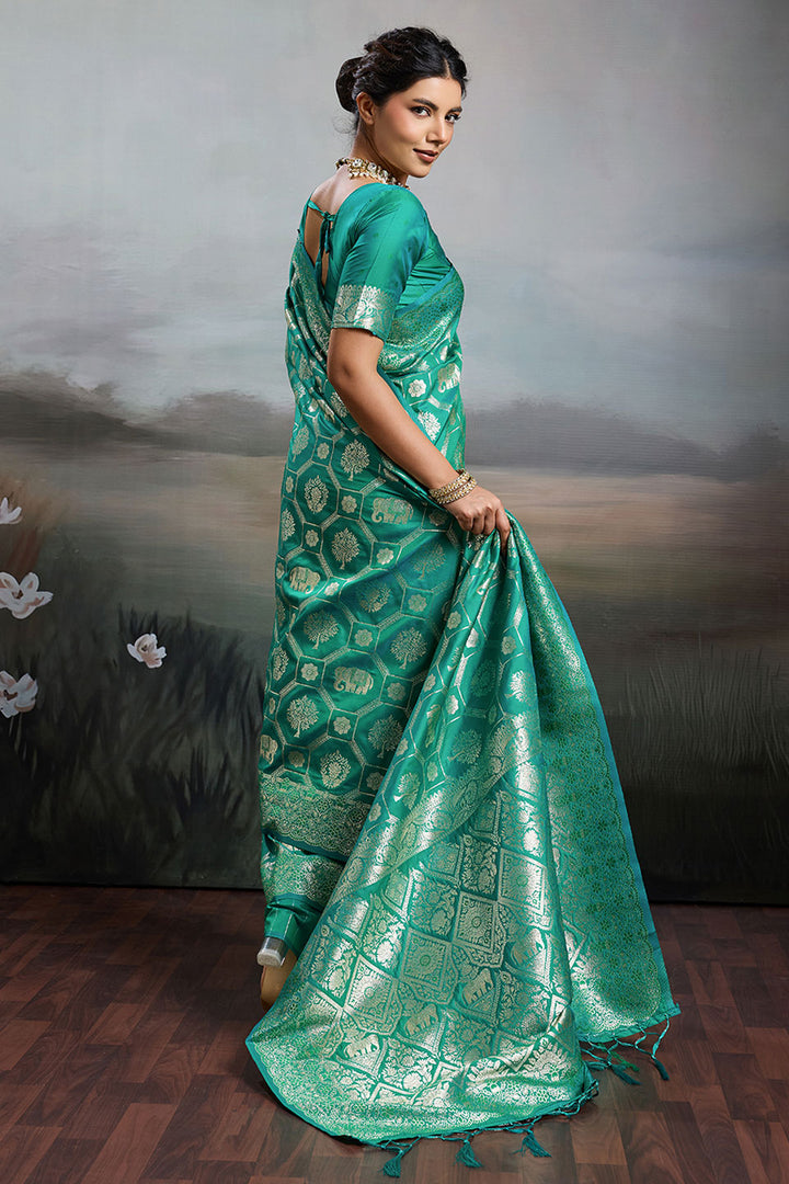 Sea Green Color Banarasi Silk Blend Saree For Festival | Buy Online India