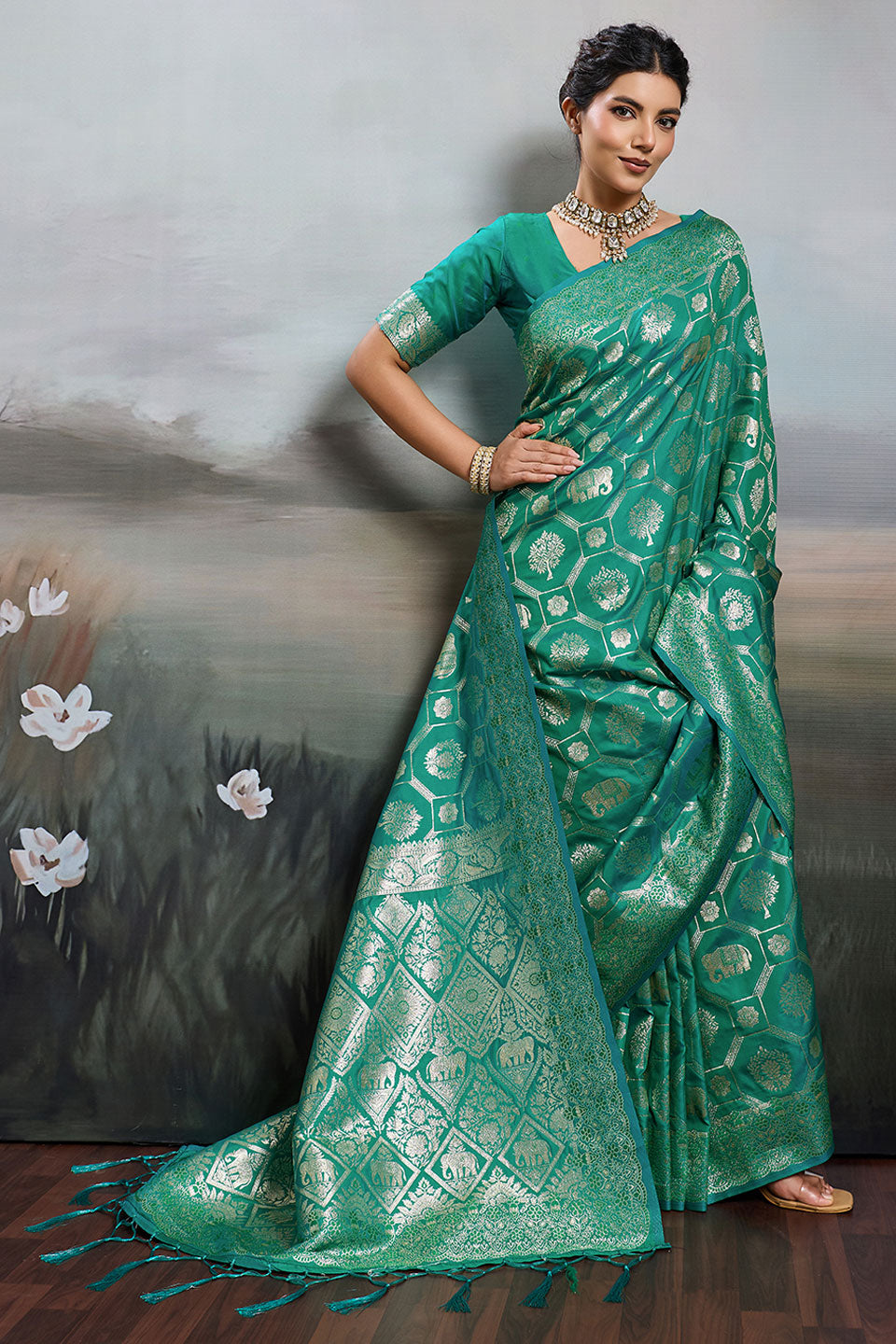 Sea Green Color Banarasi Silk Blend Saree For Festival | Buy Online India