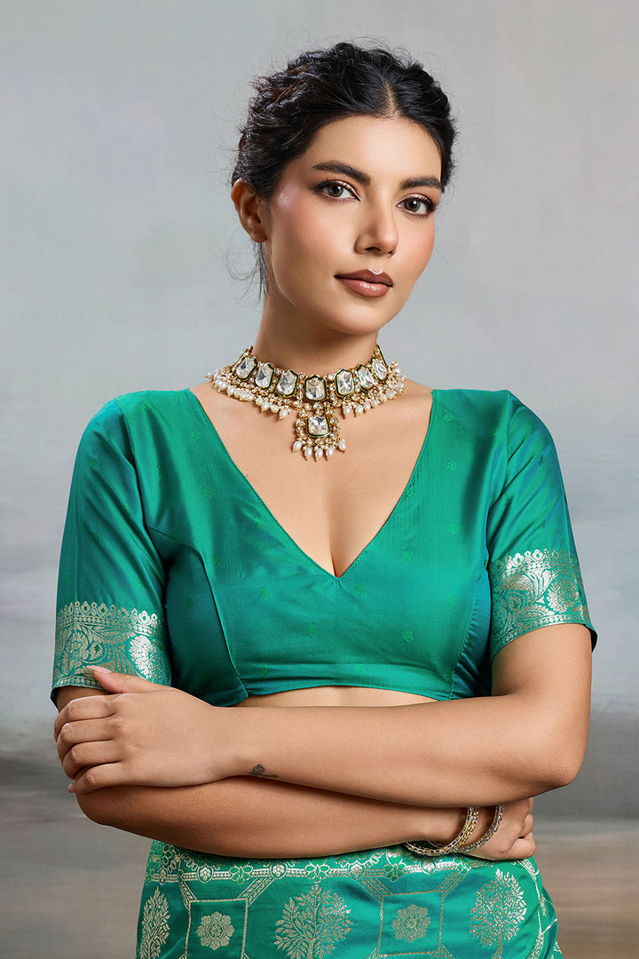 Sea Green Color Banarasi Silk Blend Saree For Festival | Buy Online India