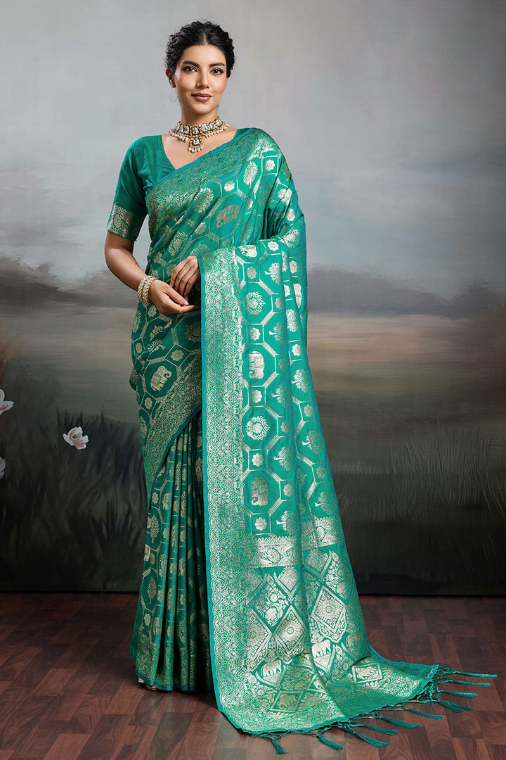 Sea Green Color Banarasi Silk Blend Saree For Festival | Buy Online India