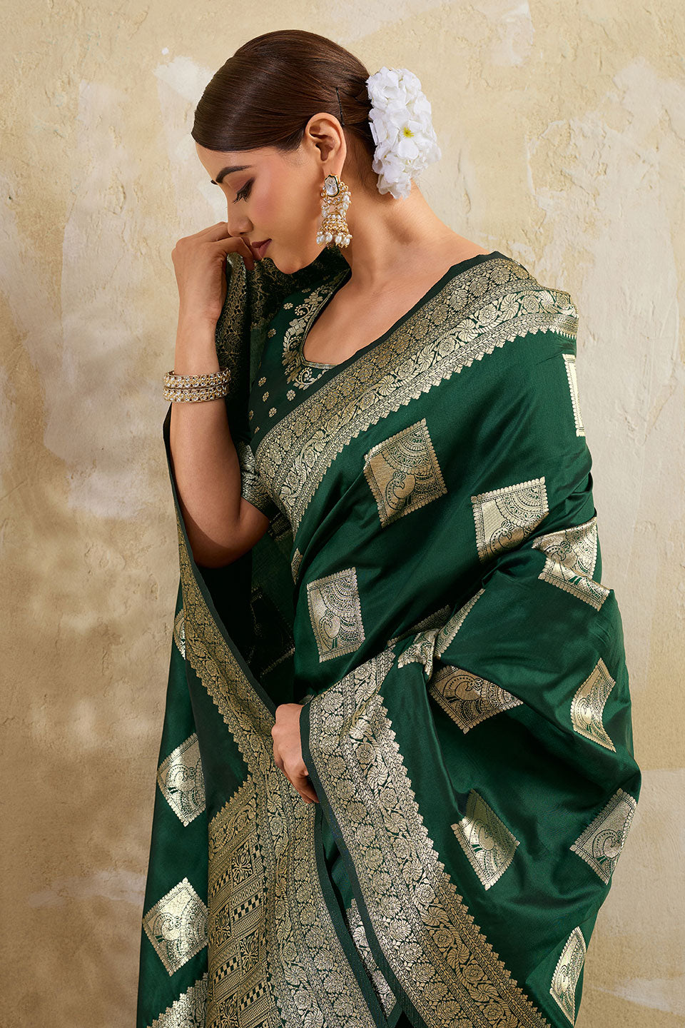 Dark Green Weaving Work Banarsi Style Silk Saree | Buy Online India