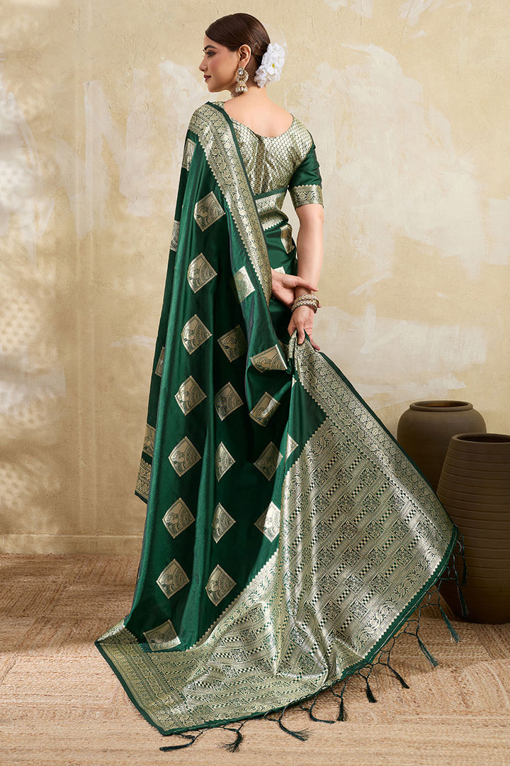 Dark Green Weaving Work Banarsi Style Silk Saree | Buy Online India
