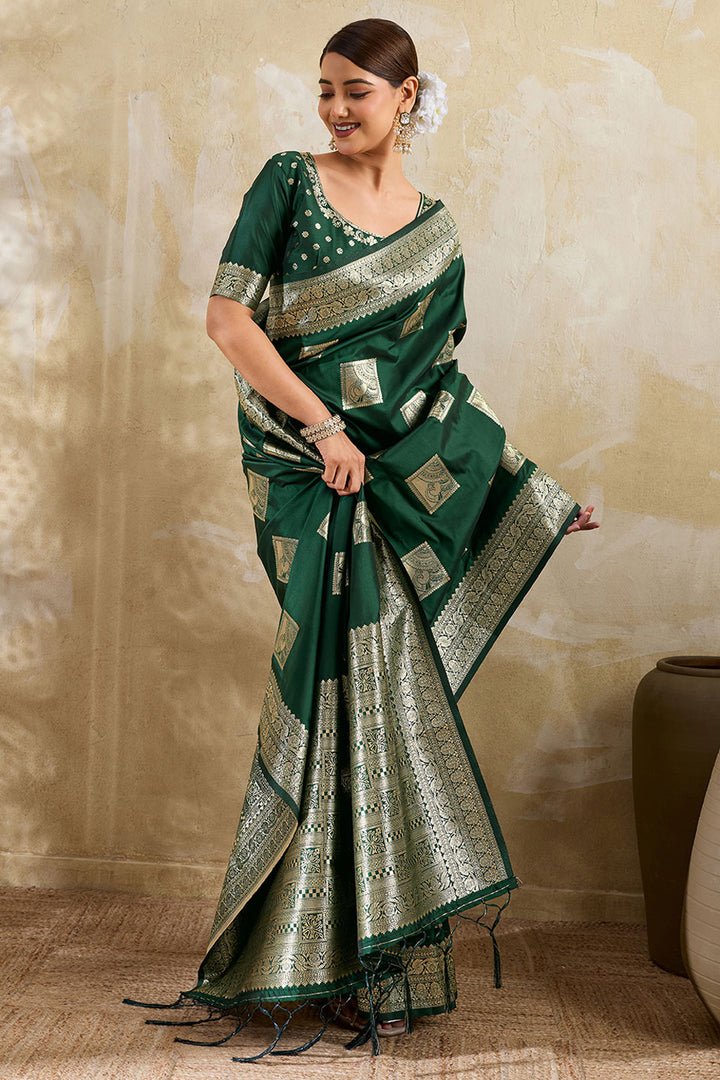 Dark Green Weaving Work Banarsi Style Silk Saree | Buy Online India