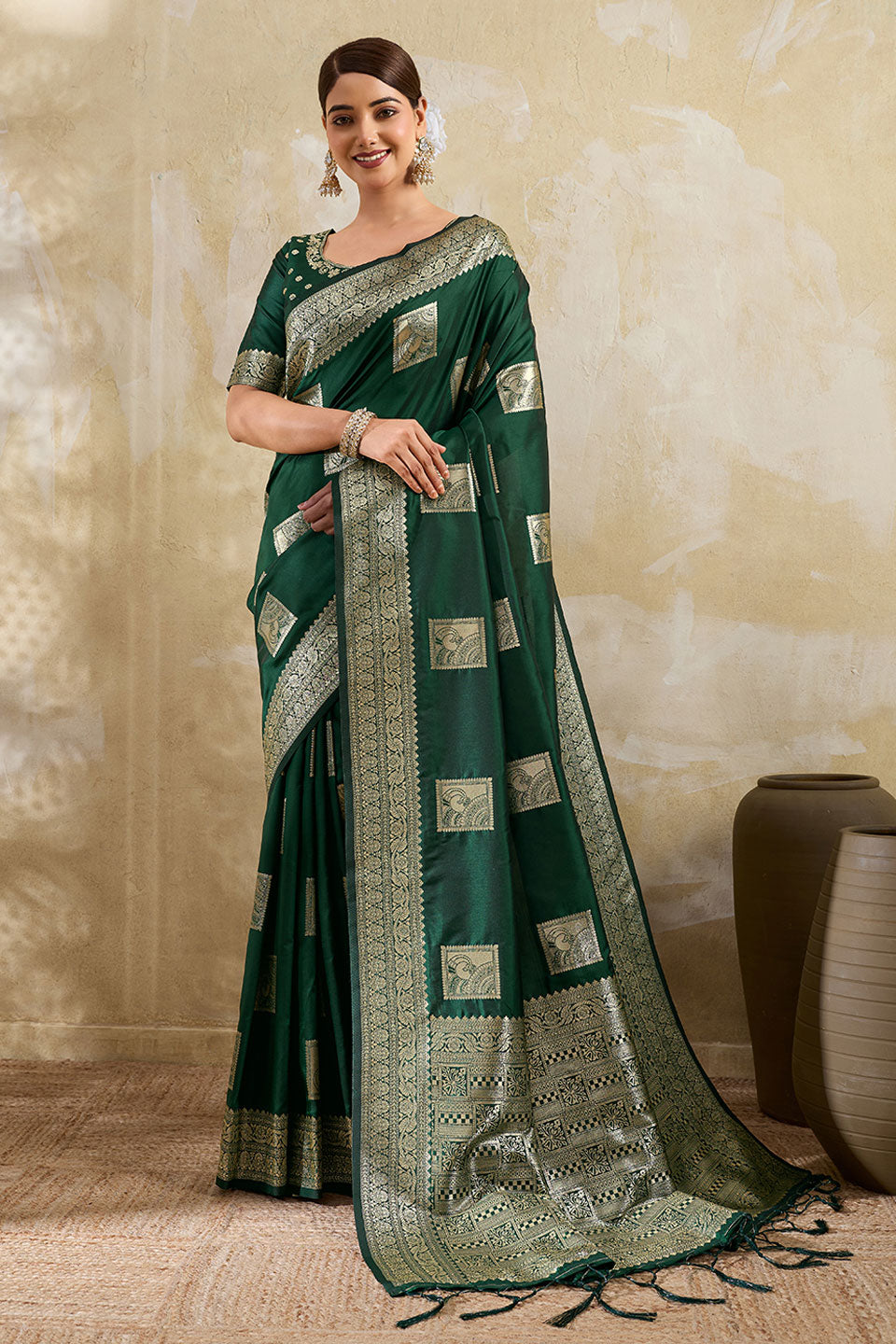 Dark Green Weaving Work Banarsi Style Silk Saree | Buy Online India