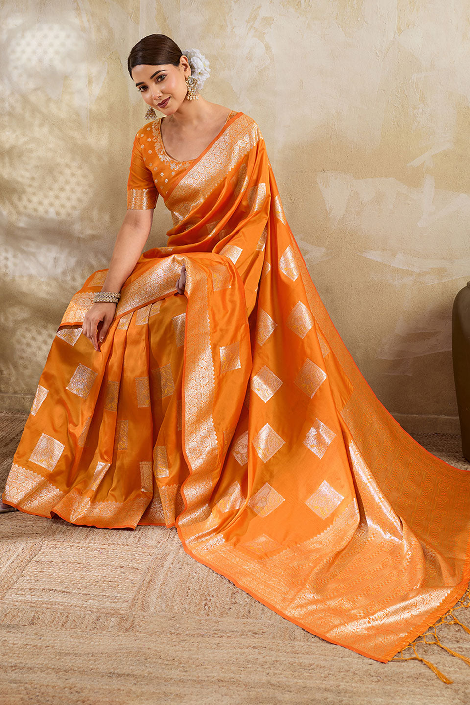 Orange Color Weaving Work Banarsi Style Silk Saree | Buy Online India