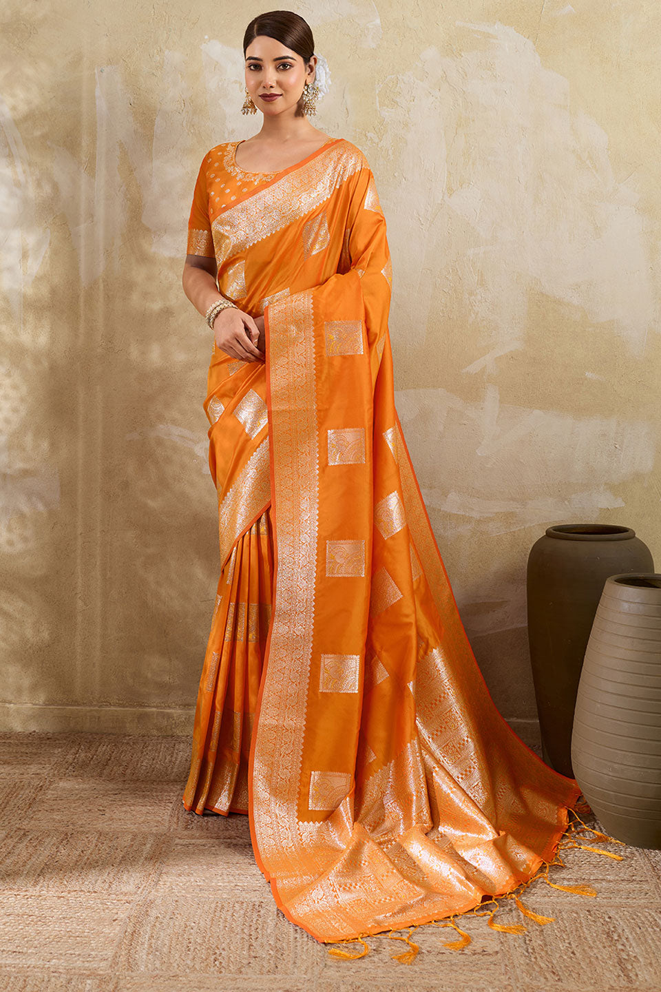 Orange Color Weaving Work Banarsi Style Silk Saree | Buy Online India