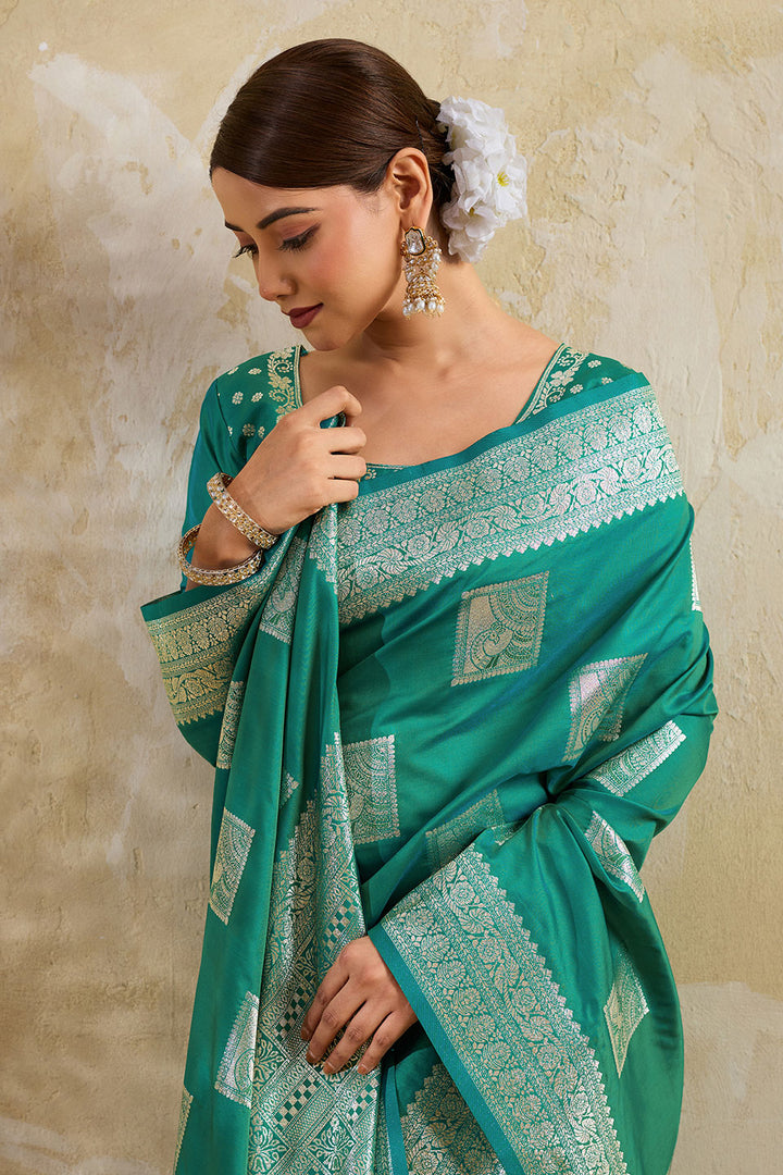 Weaving Work Banarsi Style Silk Saree In Sea Green Color | Buy Online India