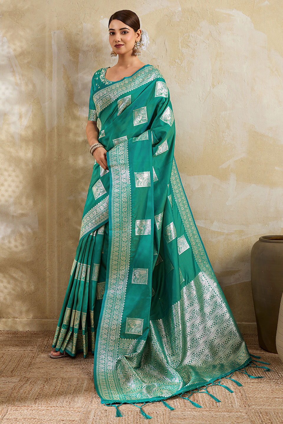 Weaving Work Banarsi Style Silk Saree In Sea Green Color | Buy Online India