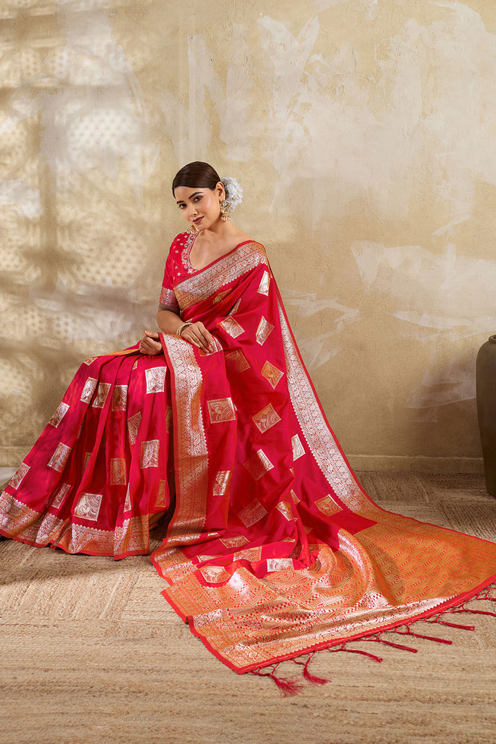 Weaving Work Banarsi Style Silk Saree In Red Color | Buy Online India