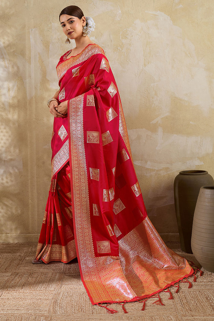 Weaving Work Banarsi Style Silk Saree In Red Color | Buy Online India