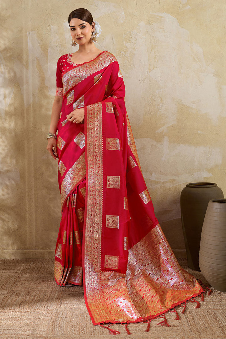 Weaving Work Banarsi Style Silk Saree In Red Color | Buy Online India