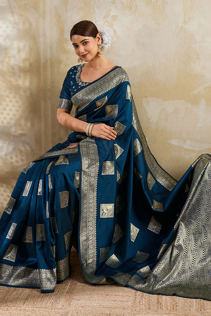 Teal Color Glorious Banarsi Style Silk Saree With Weaving Work | Buy Online India