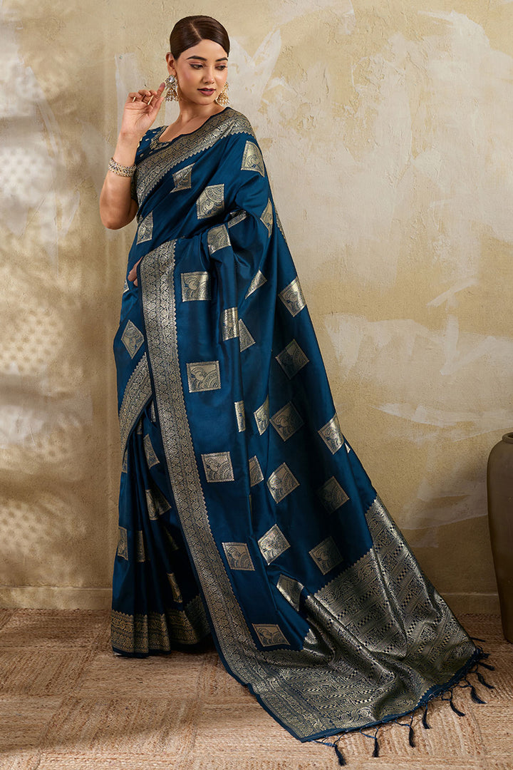 Teal Color Glorious Banarsi Style Silk Saree With Weaving Work | Buy Online India