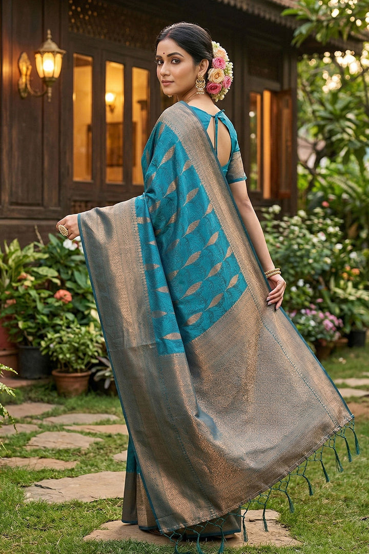 Teal Color Zari Weaving Banarsi Style Silk Saree | Buy Online India