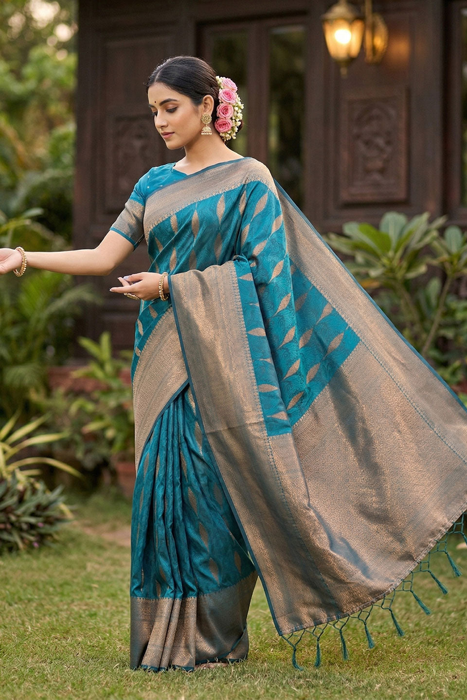 Teal Color Zari Weaving Banarsi Style Silk Saree | Buy Online India