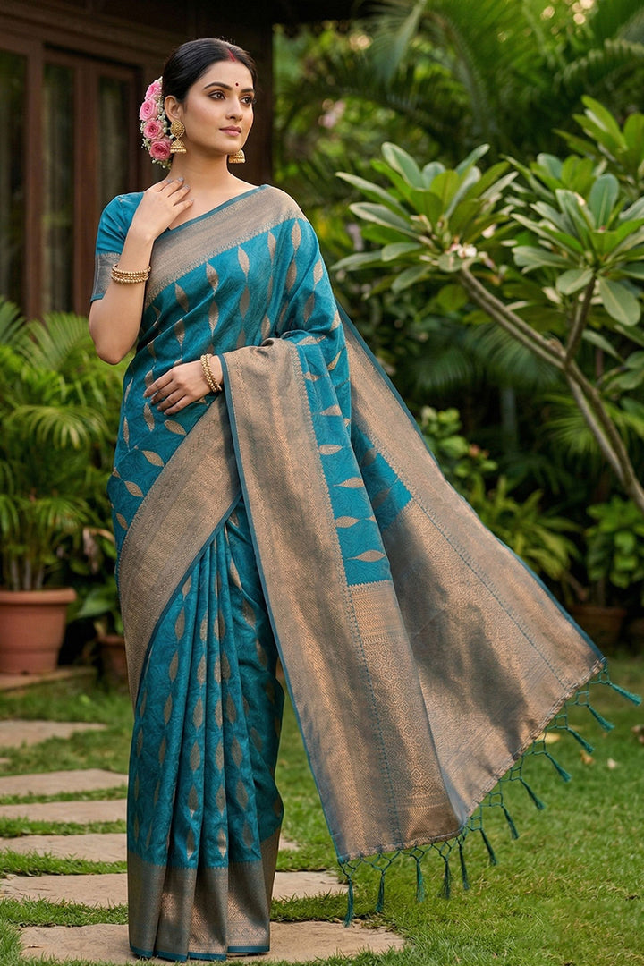 Teal Color Zari Weaving Banarsi Style Silk Saree | Buy Online India