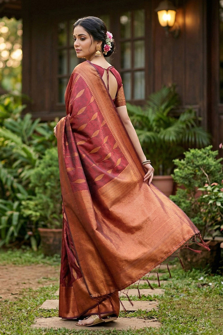 Maroon Zari Weaving Banarsi Style Silk Saree | Buy Online India