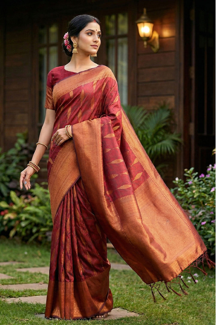 Maroon Zari Weaving Banarsi Style Silk Saree | Buy Online India