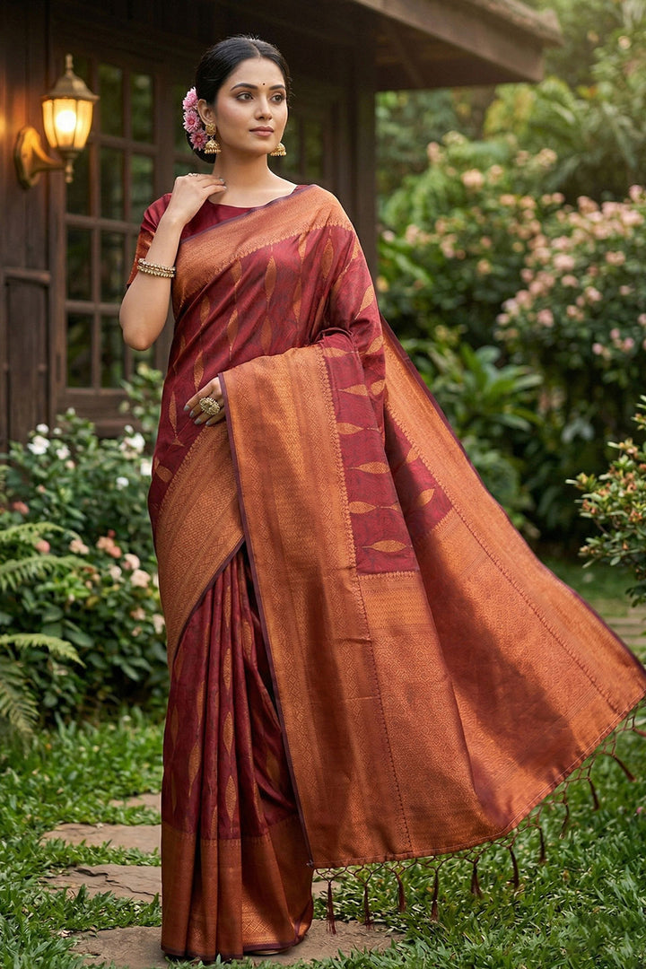Maroon Zari Weaving Banarsi Style Silk Saree | Buy Online India