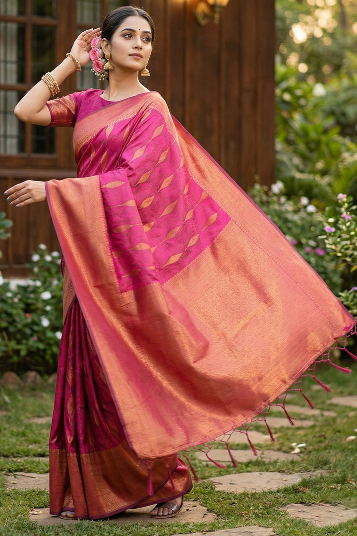 Pink Zari Weaving Glamorous Banarsi Style Silk Saree | Buy Online India