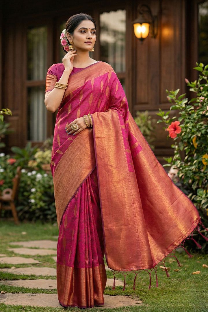 Pink Zari Weaving Glamorous Banarsi Style Silk Saree | Buy Online India