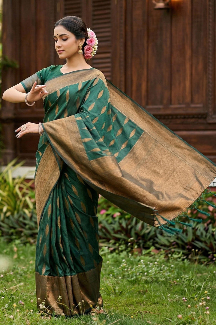Zari Weaving Banarsi Style Silk Green Saree | Buy Online India