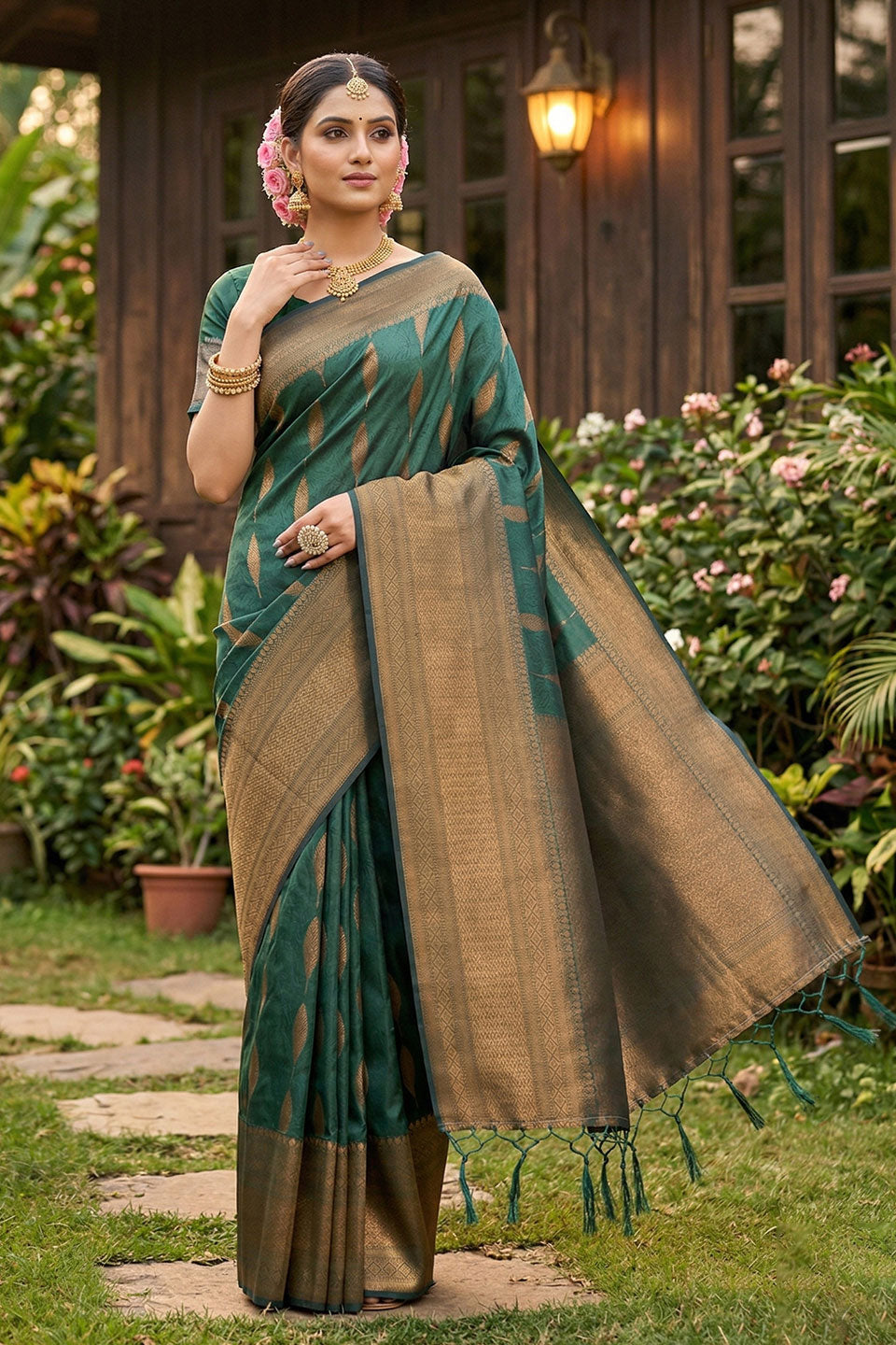 Zari Weaving Banarsi Style Silk Green Saree | Buy Online India