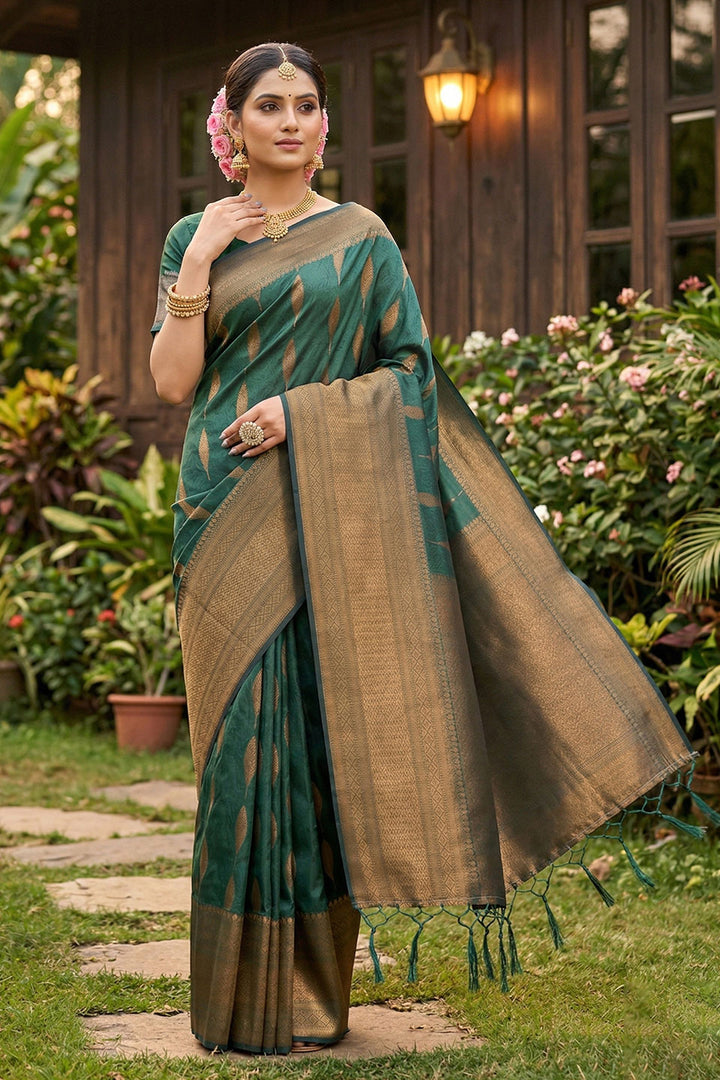 Zari Weaving Banarsi Style Silk Green Saree | Buy Online India