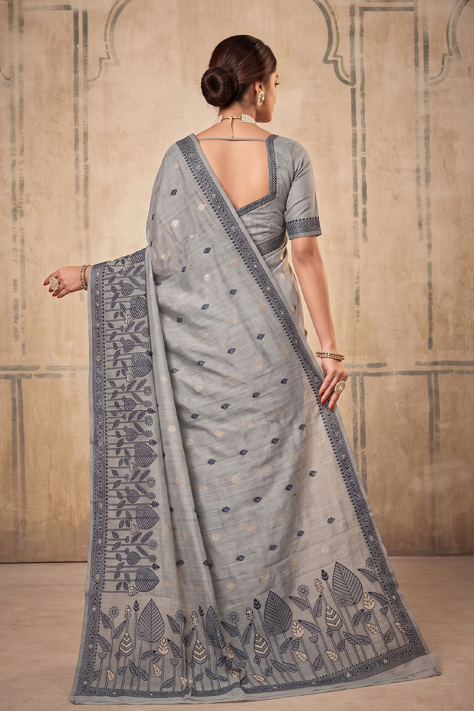 Festive Wear Cotton Saree In Grey Color | Buy Online India