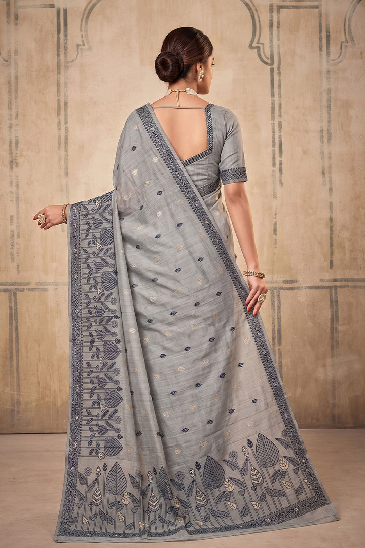 Festive Wear Cotton Saree In Grey Color | Buy Online India