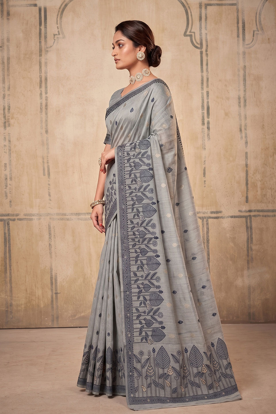 Festive Wear Cotton Saree In Grey Color | Buy Online India