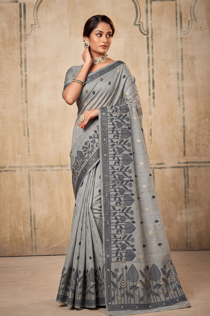 Festive Wear Cotton Saree In Grey Color | Buy Online India