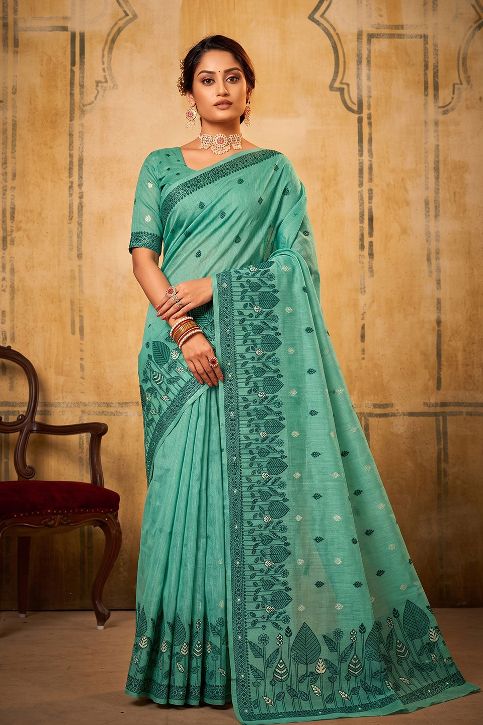 Sea Green Color Glorious Cotton Saree For Festive | Buy Online India