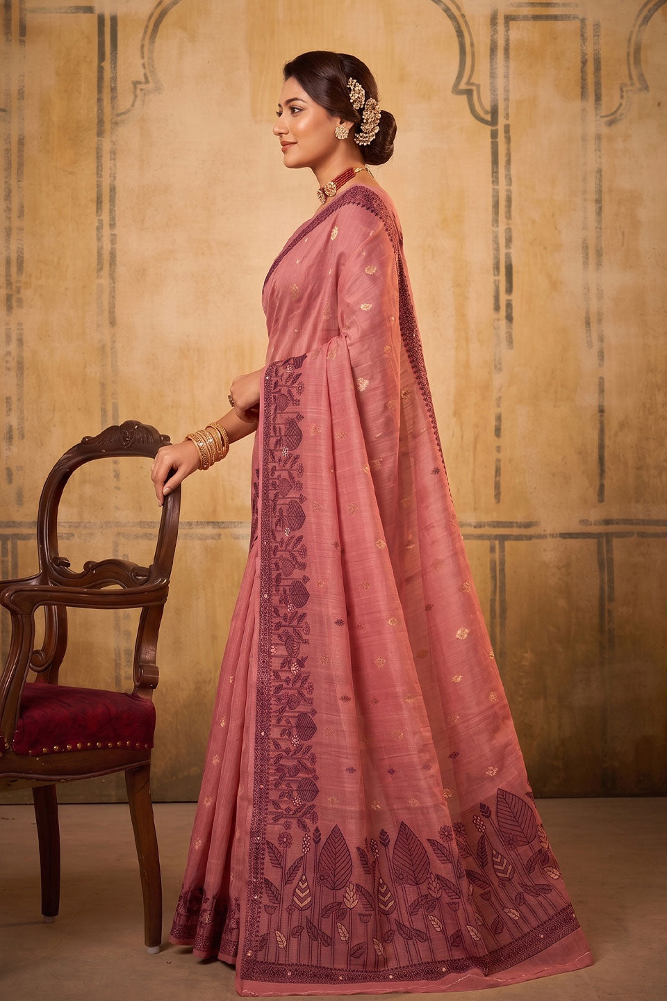 Festive Wear Peach Color Cotton Saree | Buy Online India