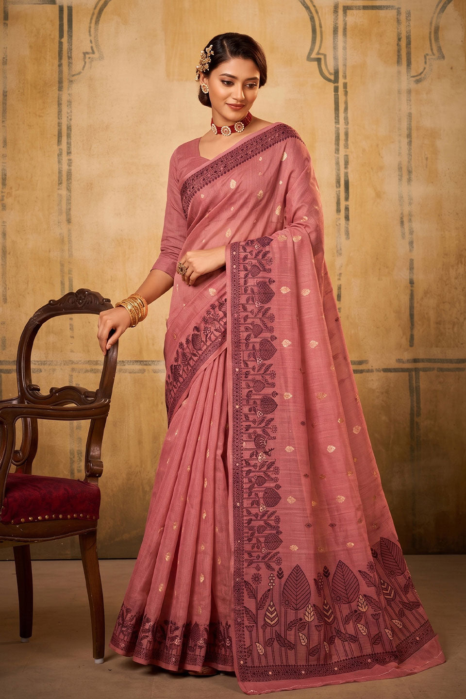 Festive Wear Peach Color Cotton Saree | Buy Online India