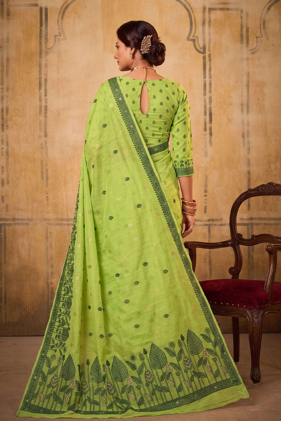 Green Color Cotton Saree For Festive | Buy Online India