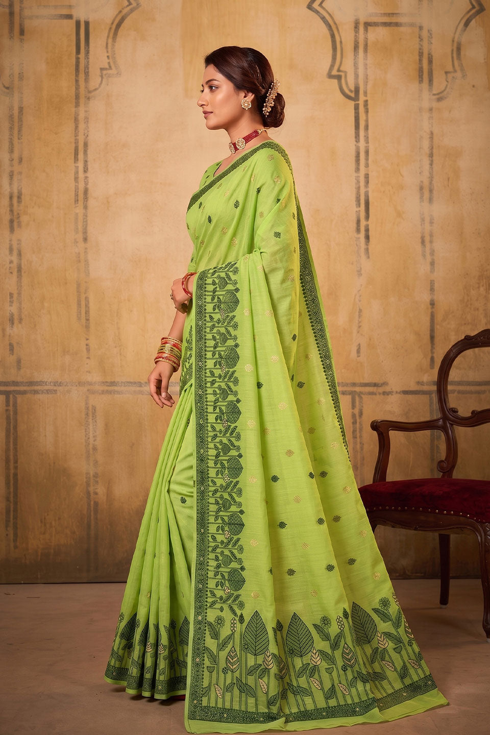 Green Color Cotton Saree For Festive | Buy Online India