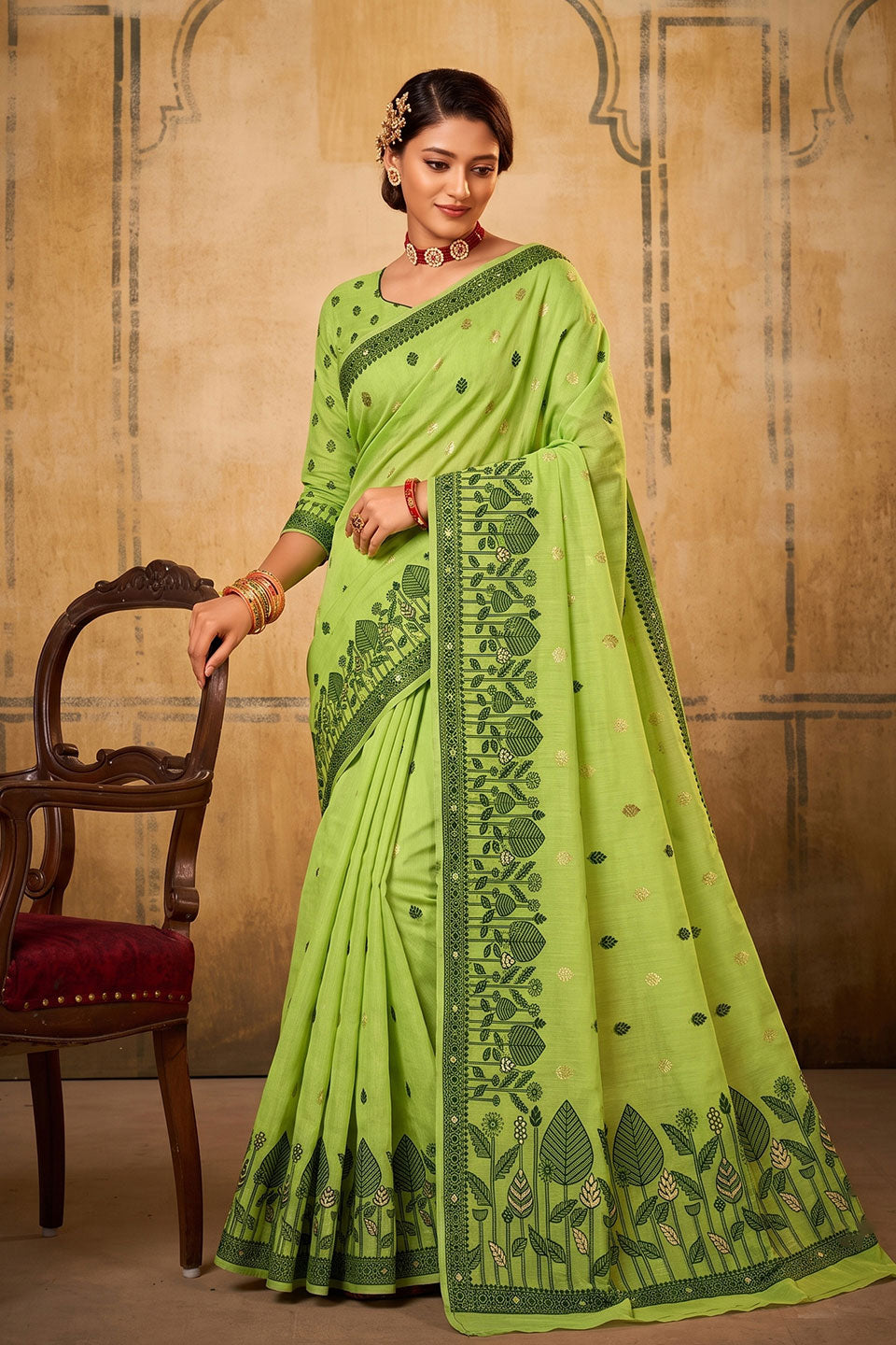 Green Color Cotton Saree For Festive | Buy Online India