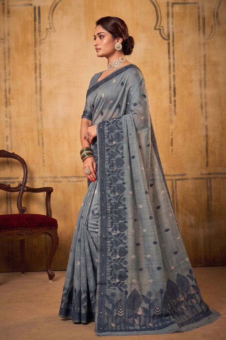 Dark Grey Color Cotton Saree For Festive | Buy Online India