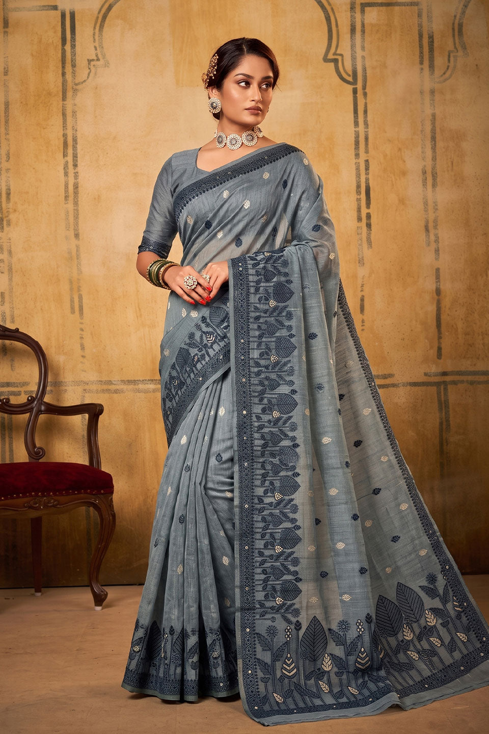 Dark Grey Color Cotton Saree For Festive | Buy Online India