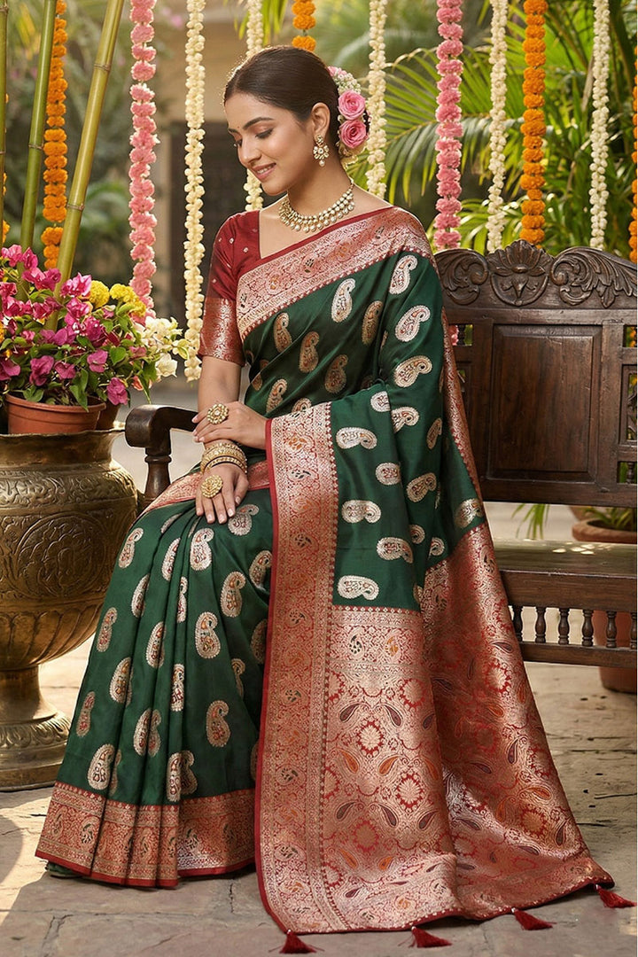 Heavy Weaving Work On Green Silk Saree | Buy Online India