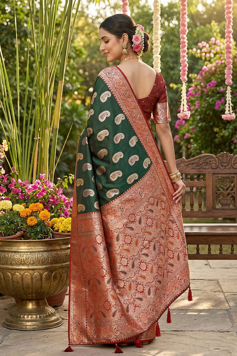 Heavy Weaving Work On Green Silk Saree | Buy Online India