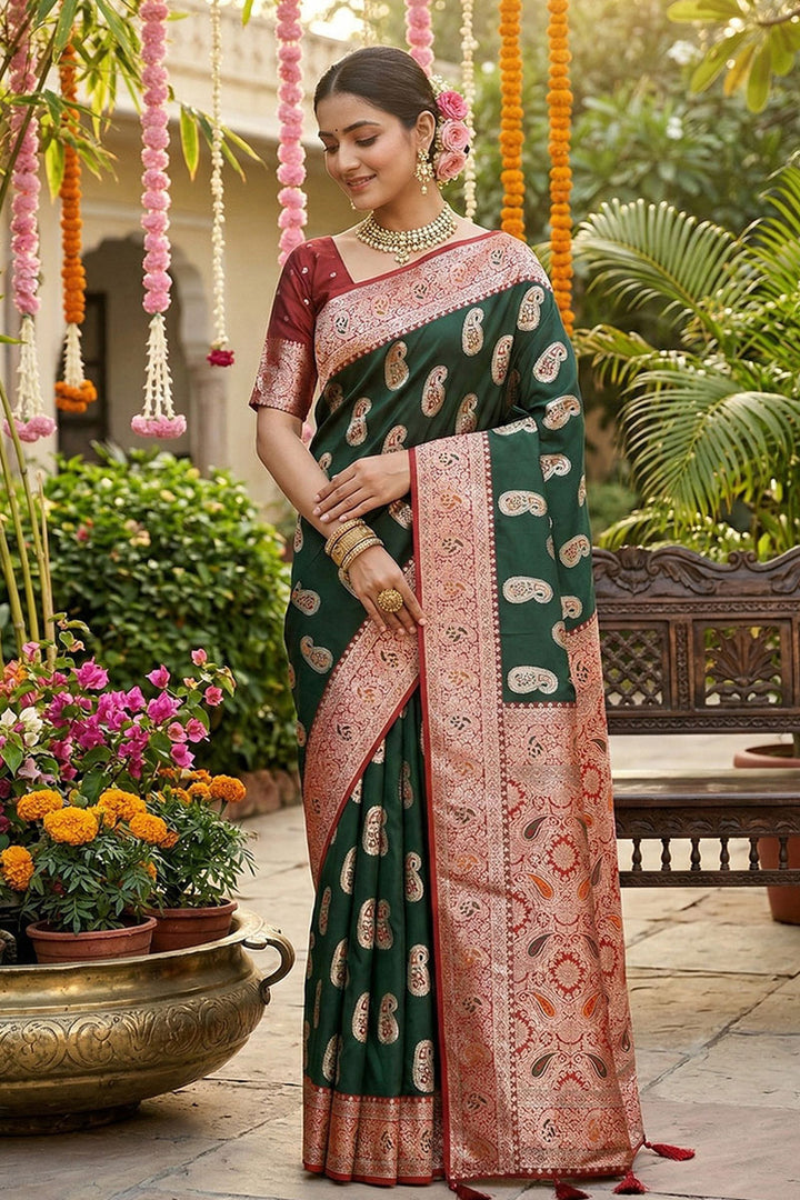 Heavy Weaving Work On Green Silk Saree | Buy Online India