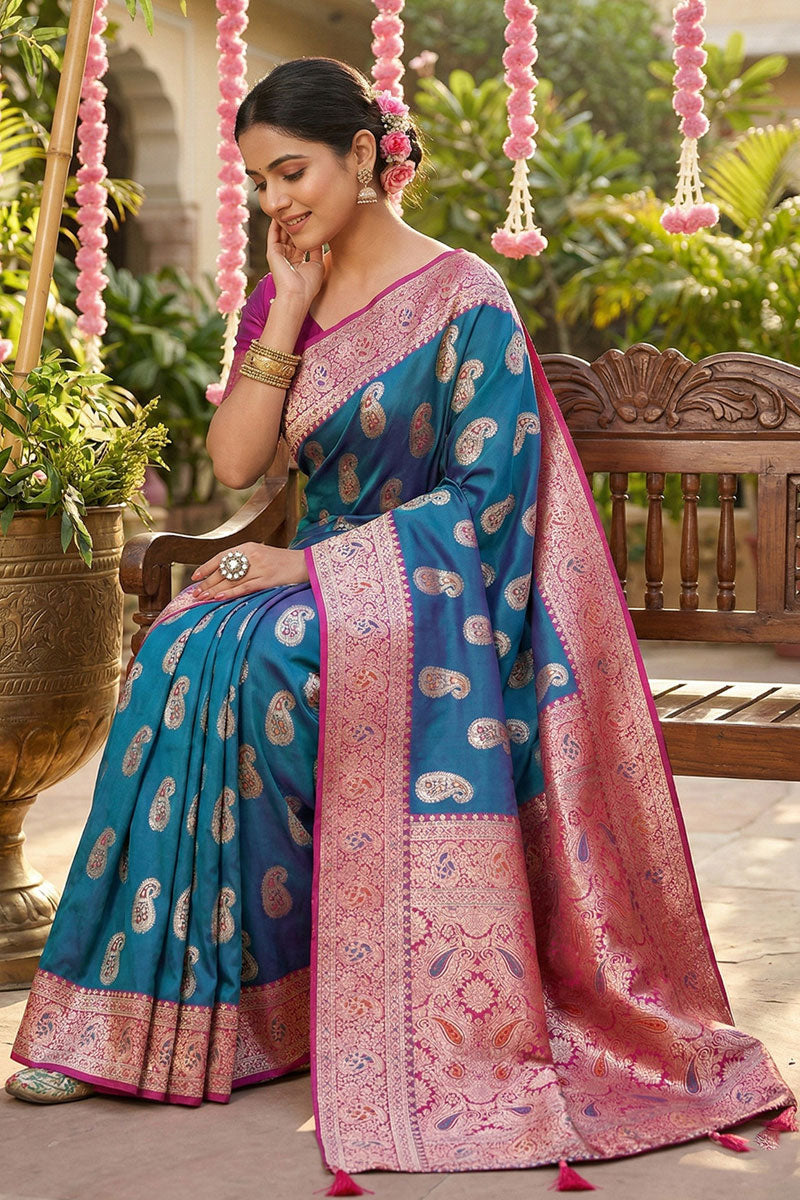 Trendy Sky Blue Silk Saree With Weaving Work | Buy Online India
