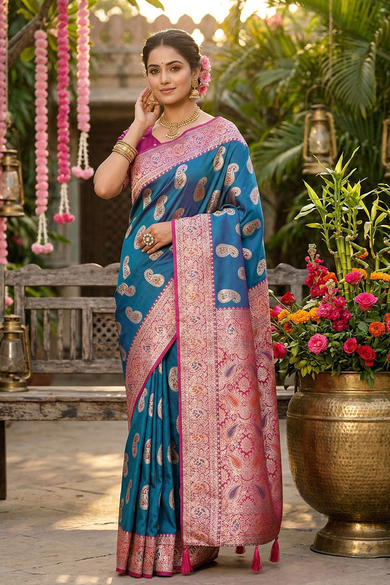 Trendy Sky Blue Silk Saree With Weaving Work | Buy Online India