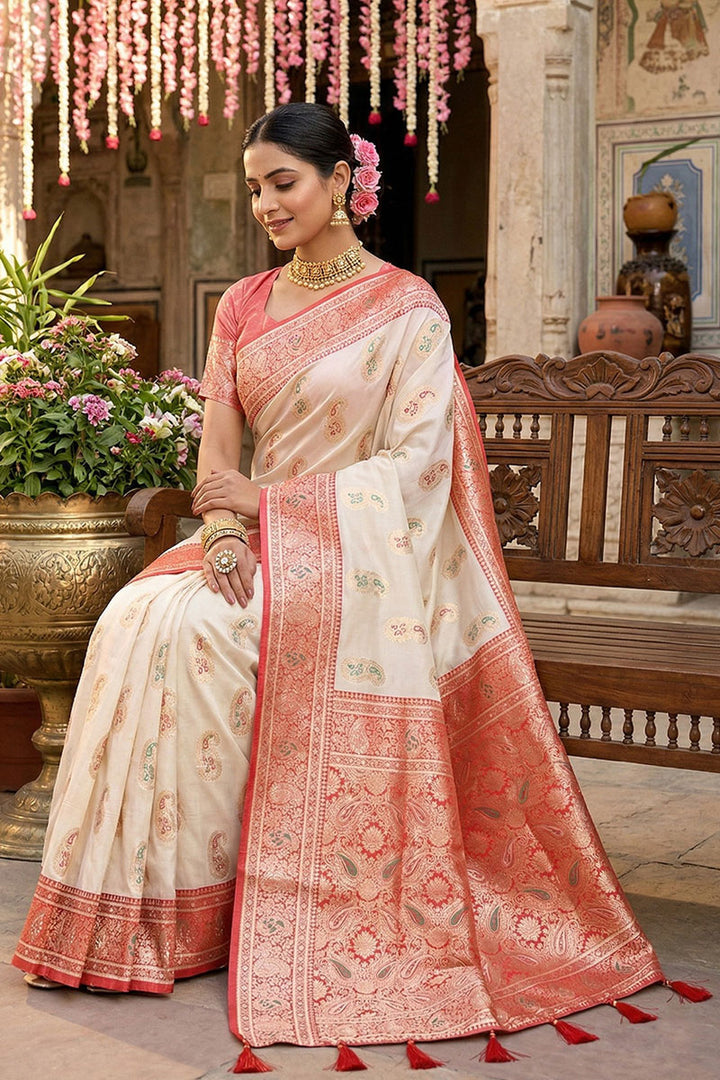 Exclusive Weaving Work On White Silk Saree | Buy Online India
