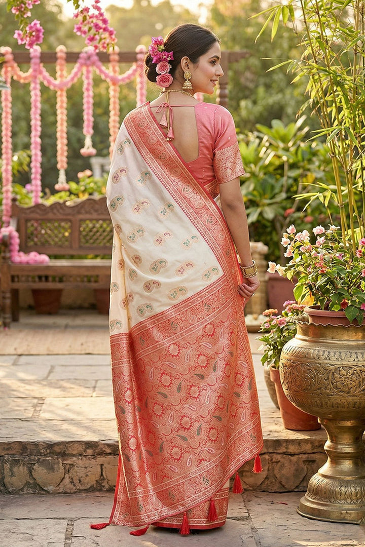 Exclusive Weaving Work On White Silk Saree | Buy Online India