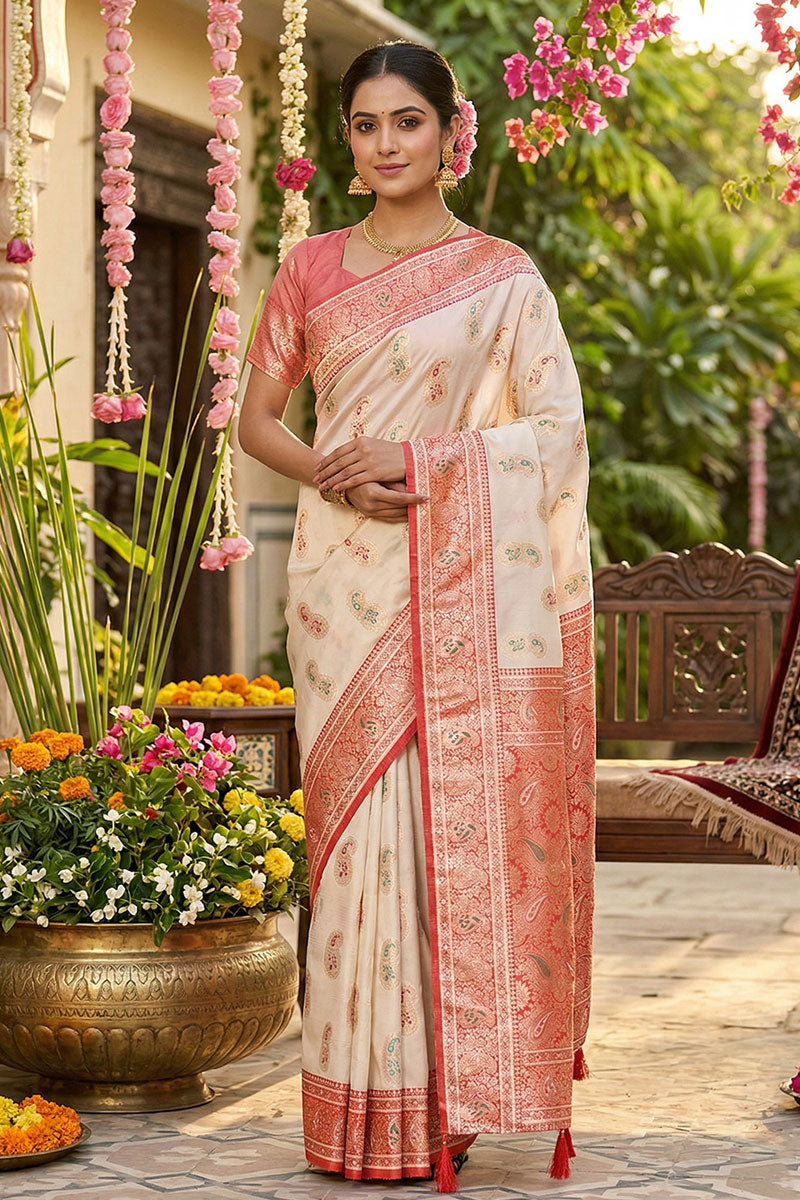 Exclusive Weaving Work On White Silk Saree | Buy Online India